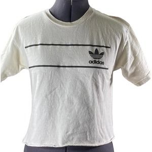 Adidas Shirt White Black Spell Out Crop Top Cotton Ladies Size Small Shirt EUC